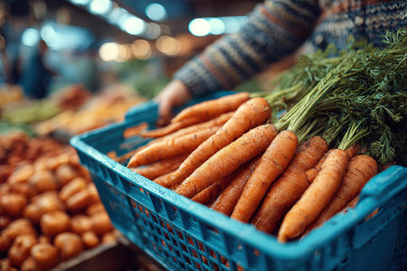 Organic carrots are displayed in a blue basket at a bustling market, surrounded by colorful fruits and vegetables, highlighting fresh produce and healthy eatingの素材
