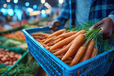 Organic carrots are held in a blue basket at a lively market, surrounded by various fresh produce, highlighting the importance of healthy food choices and local farmingの素材