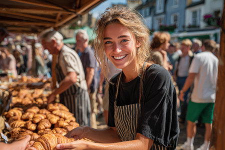 Female vendor with curly hair is joyfully presenting freshly baked croissants at a lively outdoor market, surrounded by enthusiastic customers and colorful stallsの素材