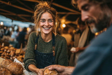 Happy female vendor with curly hair, serving freshly baked bread at a lively market, surrounded by customers and rustic stalls, creating a warm atmosphereの素材