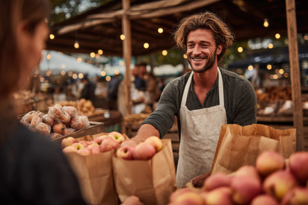 Young male vendor with curly hair, happily interacting with customer at lively market, surrounded by fresh fruits and vegetables, creating a welcoming atmosphereの素材