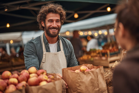 Cheerful vendor with curly hair is engaging with a customer while selling fresh apples at a lively outdoor market filled with colorful fruits and warm atmosphereの素材