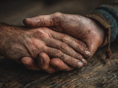 Close-up of two hands clasping, one hand showing dirt and calluses, set against a rustic wooden surface, representing friendship and support in a meaningful momentの素材