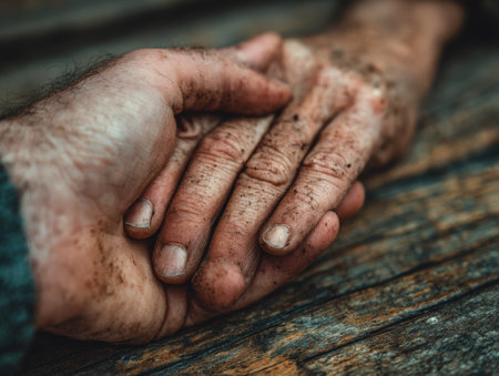 Two hands, one soiled and aged, clasping a clean hand, representing unity and care in a rustic setting with a warm, inviting ambianceの素材