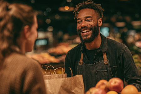 Smiling male grocery worker is serving fresh apples to a customer in a lively store, highlighting the warmth of customer service and community interactionの素材