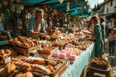 Baker is carefully arranging pastries and desserts at a bustling outdoor market stall, surrounded by colorful displays and eager customers enjoying the vibrant sceneの素材