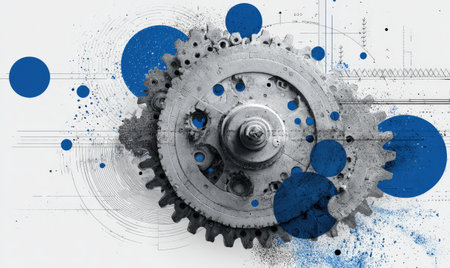 Detailed industrial gear is surrounded by abstract blue circles and splashes, creating a unique blend of mechanical design and artistic expression in a modern settingの素材