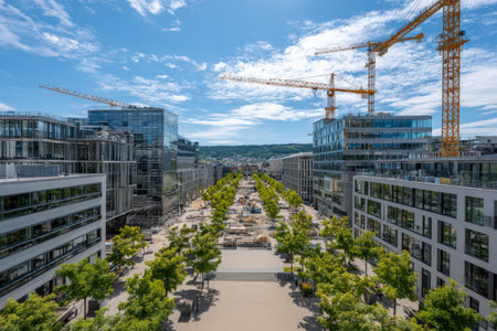 Modern urban construction site with cranes and newly built structures, surrounded by landscaped trees, creating a lively atmosphere in a developing city environmentの素材