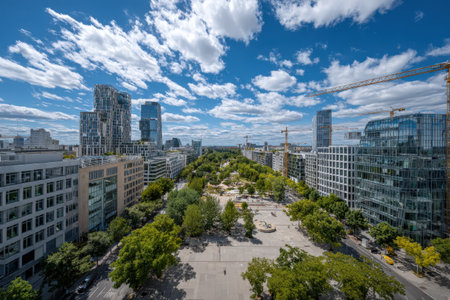 Aerial view of a bustling urban area with contemporary buildings, green spaces, and a park, illustrating the harmony between nature and architecture in a vibrant cityの素材