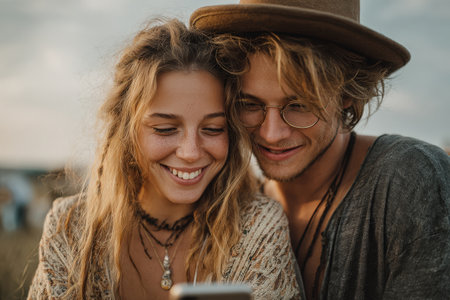 Happy young couple sharing a moment outdoors, smiling at smartphone, with natural scenery in the background, highlighting their connection and joyful experienceの素材