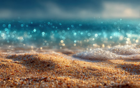 Close-up of sandy beach with gentle waves washing ashore, sparkling water in background, evoking a tranquil coastal environment filled with natural beautyの素材