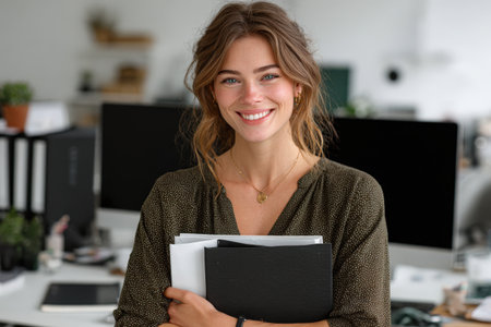 Female professional, smiling and holding documents in a contemporary office, surrounded by technology and workspace elements, reflecting a vibrant work cultureの素材