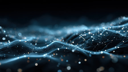 Digital landscape showcases flowing waves of light and particles, creating an immersive atmosphere that highlights the beauty of technology and innovationの素材