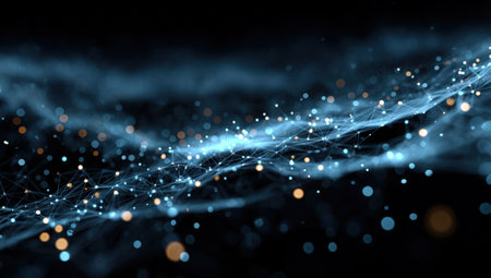 Digital illustration featuring luminous blue and orange particles swirling in a dark space, evoking a sense of depth and dynamic movement in an abstract compositionの素材