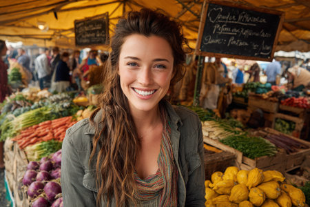 Happy woman with brown hair poses in bustling market filled with colorful fruits and vegetables, highlighting the vibrant community spirit and fresh produce availableの素材