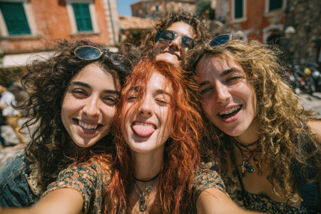 Four young women with curly hair are taking a fun selfie outdoors, surrounded by a lively environment, capturing the essence of friendship and happinessの素材