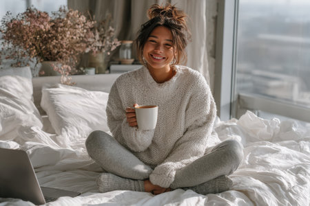 Female figure sits cross-legged on bed, wearing a cozy sweater, holding a cup, with soft blankets and natural light creating a warm, inviting atmosphereの素材
