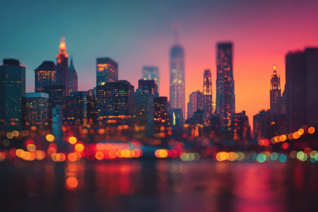 Blurred city skyline at dusk, showcasing illuminated skyscrapers and vibrant lights, reflecting on water, capturing the essence of urban nightlife and energyの素材