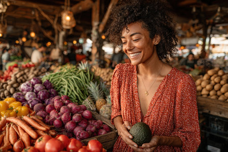 Smiling female vendor holds avocado amidst a variety of fresh fruits and vegetables at a lively market, promoting healthy eating and vibrant community atmosphereの素材
