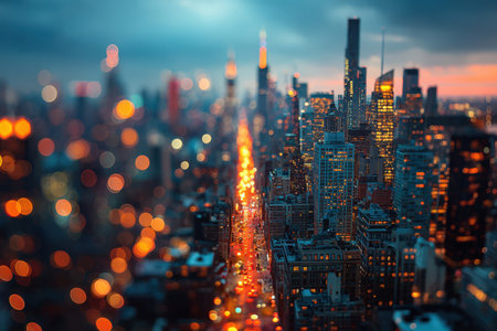 Dusk city skyline showcases illuminated buildings and blurred traffic lights, creating a vibrant urban atmosphere filled with energy and movement in the eveningの素材