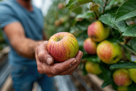 Male farmer presents freshly harvested apple in orchard, with vibrant green leaves and ripe apples in background, highlighting the essence of agricultural lifeの素材