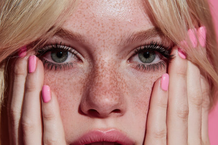 Close-up of a young woman with blonde hair and green eyes, holding her face with pink nails, emphasizing beauty, emotion, and self-care in a vibrant settingの素材