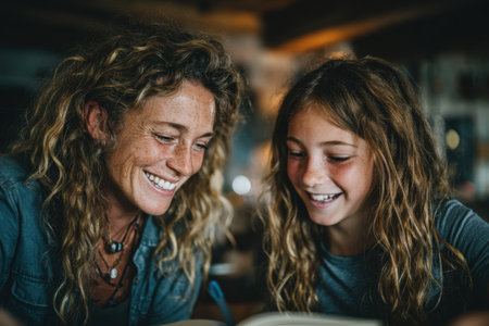 Woman and girl with curly hair are engaged in reading a book together in a warm, inviting indoor space, showcasing a delightful bonding experienceの素材