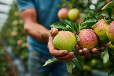 Male agricultural worker is picking ripe apples from tree branches in orchard, surrounded by lush greenery and colorful fruits, highlighting the harvest seasonの素材
