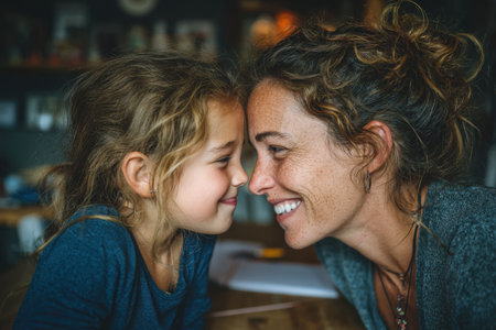 Woman with curly hair and young girl are sharing a joyful moment indoors, highlighting love and connection in a cozy, inviting family environmentの素材