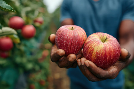 Male farmer presents two vibrant red apples in hands, set against lush apple trees in an orchard, highlighting the essence of harvest and nature's bountyの素材
