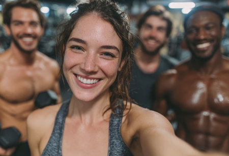 Happy female athlete poses with fitness friends in gym, holding dumbbells, surrounded by workout equipment, capturing a moment of teamwork and motivationの素材