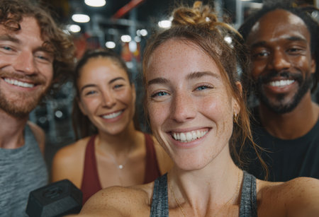 Diverse group of friends enjoying time together in a gym, smiling and posing with weights, surrounded by exercise equipment, embodying fitness and friendshipの素材