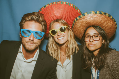 Three friends are posing with vibrant sombreros and sunglasses against a blue background, showcasing a lively and cheerful ambiance during a festive gatheringの素材