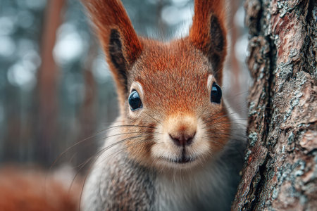 Red squirrel is perched on tree trunk, displaying vibrant fur and expressive eyes, surrounded by a serene forest atmosphere with soft natural lightの素材
