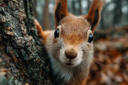 Brown squirrel peeking from behind tree trunk in forest, showcasing its expressive eyes and soft fur, highlighting the beauty of nature and wildlifeの素材
