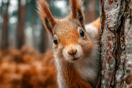 A curious squirrel is peeking from behind a tree trunk in a forest, surrounded by autumn foliage and soft natural light, capturing a playful moment in natureの素材