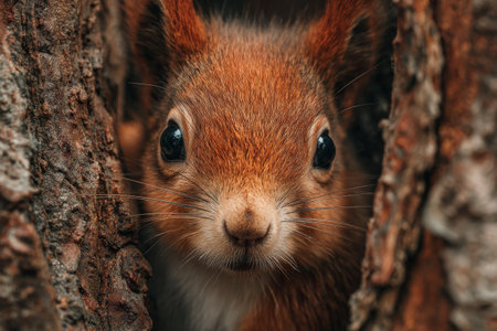 Red squirrel peering from tree trunk, highlighting its vibrant fur and inquisitive expression, framed by rough bark and natural woodland settingの素材