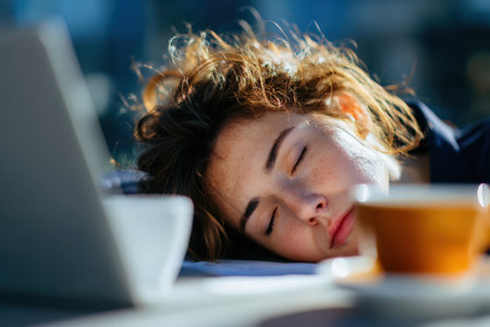 Female with messy hair is resting on a table next to a laptop and coffee cup, embodying a serene moment of fatigue in a well-lit, relaxed settingの素材