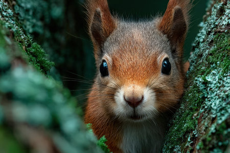 A curious squirrel peers through tree branches, displaying vibrant fur and expressive eyes, surrounded by lush green moss and natural textures in a tranquil forest environmentの素材