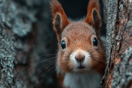 Red squirrel peering from behind tree trunk, displaying vibrant fur and bright eyes, with textured bark and natural forest ambiance enhancing the sceneの素材