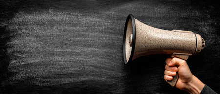 A hand grips a vintage megaphone in front of a chalkboard, symbolizing communication and outreach, perfect for marketing visuals and promotional materials with copy spaceの素材
