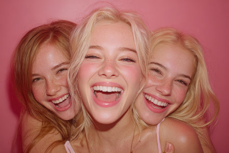 Group of three young women with blonde and red hair are laughing together against a bright pink backdrop, capturing a moment of joy and camaraderieの素材