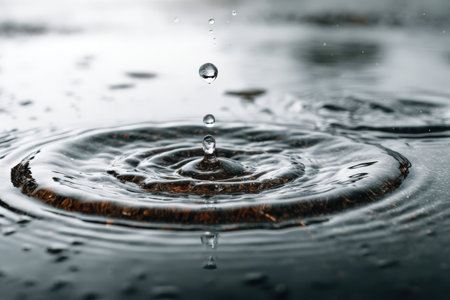 A droplet descends into still water, generating ripples that spread outward, highlighting the serene beauty of nature and the fluid dynamics at playの素材