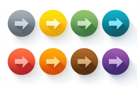 Vibrant arrow icons displayed in a grid format, featuring diverse colors and shadows, ideal for enhancing user interface designs and digital projectsの素材