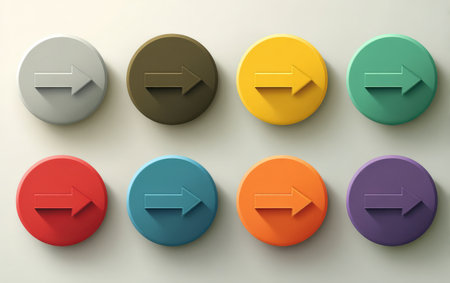 Circular buttons featuring arrow symbols are arranged in a grid, displaying a variety of vibrant colors and modern design aesthetics for digital interfacesの素材