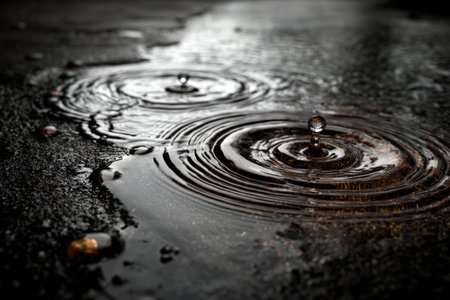 Water droplets form intricate ripples on a dark surface, highlighting the natural beauty and tranquility of water in motion, creating a peaceful ambianceの素材