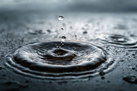 Water droplets fall onto a dark surface, creating ripples that highlight the beauty of nature's elements and the intricate patterns formed by liquid interactionsの素材