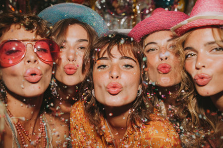 Diverse group of women wearing vibrant hats and sunglasses blowing kisses at a lively celebration, surrounded by confetti, showcasing joy and camaraderieの素材
