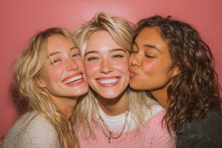 Three smiling women are enjoying a moment together against a bright pink backdrop, radiating joy and friendship in a lively and engaging atmosphereの素材