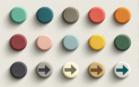 Round paint swatches in diverse colors are displayed in a grid layout on a neutral backdrop, highlighting textures and shades for artistic design ideasの素材